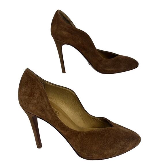 Acne Heel Pumps Heels 37 Brown Suede Leather Scallop Edge Made Italy - Picture 5 of 11